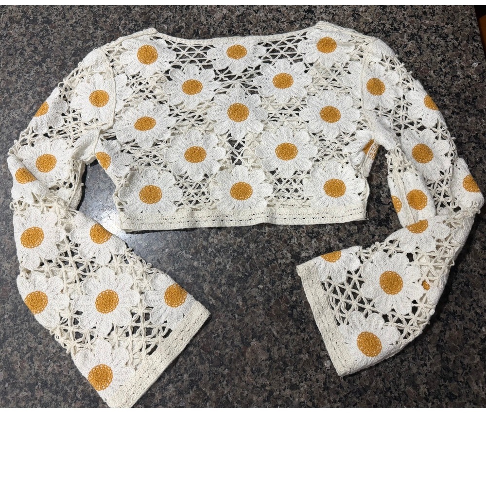 Jessica Simpson Crochet Daisy Cardigan Tie Front Cropped Boho White Yellow XL